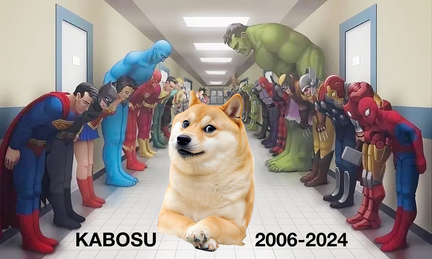 An image od superheroes bowing down to the meme dog Kabosu who died today aged about 18 years old. 2006-2024