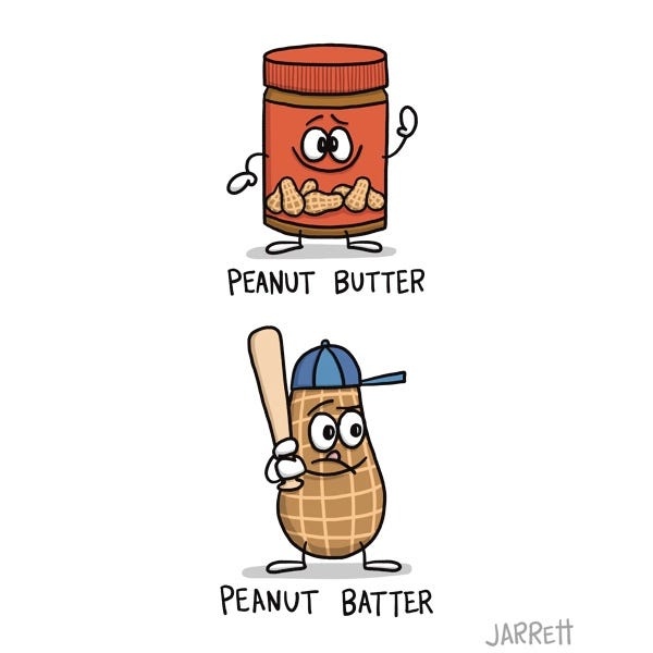 The first panel shows a jar of peanut butter captioned "peanut butter", and the second shows a peanut wearing a blue baseball cap and a bat captioned "peanut batter!"