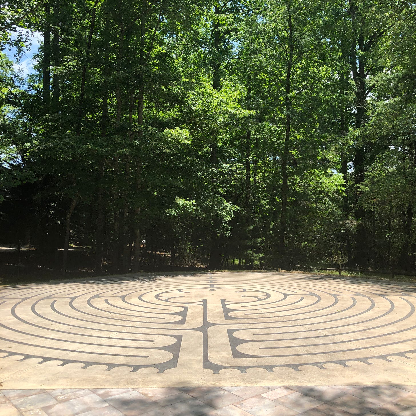 A labyrinth pattern on the ground with trees in the background