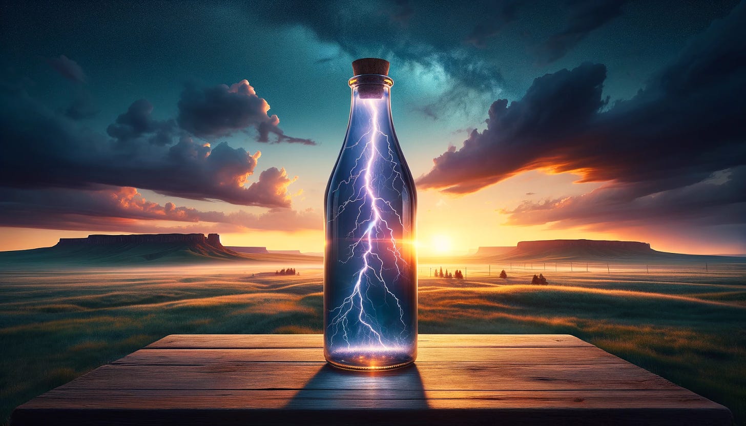 Create a landscape-oriented image capturing the concept of 'lightning in a bottle' in a literal and visually stunning manner. Picture a vast, open landscape under a twilight sky, transitioning from the warm hues of sunset to the deep blues of night. In the center of this landscape, prominently feature a large, transparent glass bottle. Within the bottle, a dynamic, crackling bolt of lightning is seen, casting a radiant glow that illuminates the bottle and the immediate surroundings. This bottle stands on a simple wooden table, suggesting the unexpectedness of capturing such a powerful element in a mundane setting. The contrast between the tranquil landscape and the energetic lightning captured within the bottle should evoke a sense of wonder and the extraordinary within the ordinary.