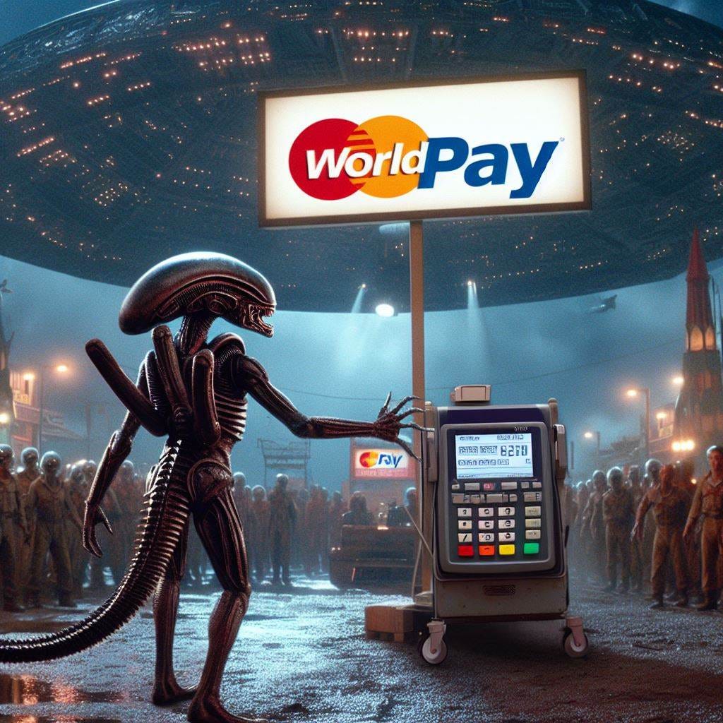 A scene from the movie Independence Day with a large sign saying "Worldpay" and an alien carrying a card payment terminal