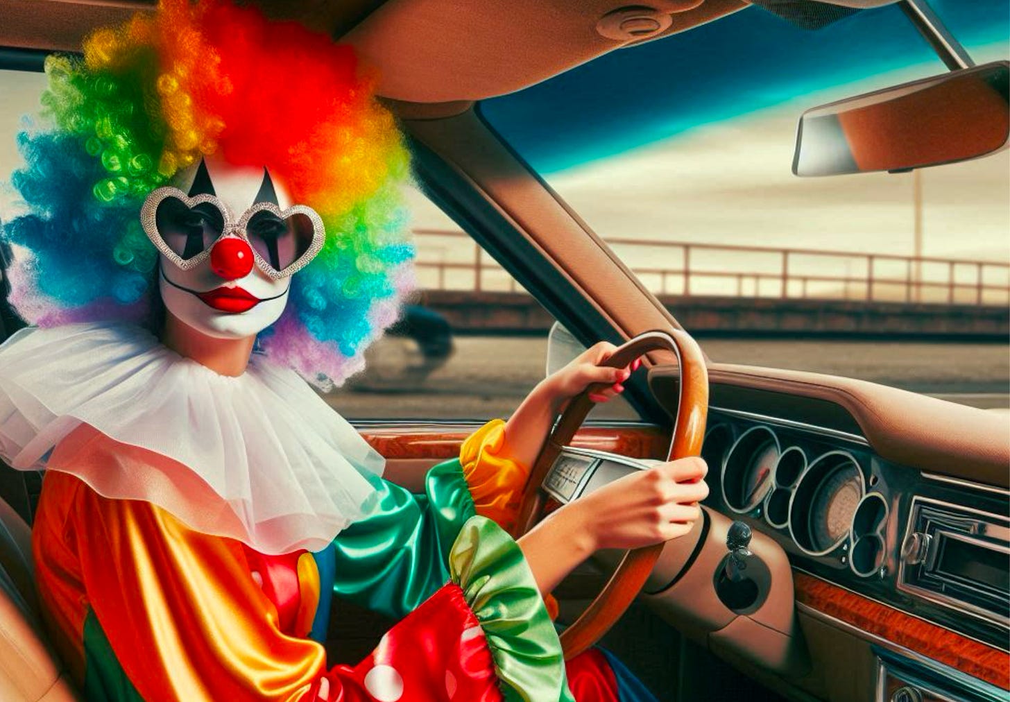Female clown driving a car