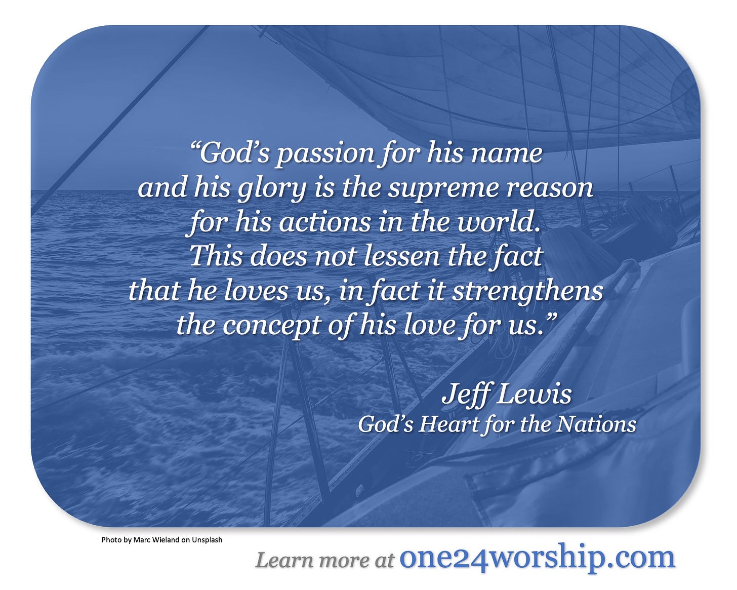 Image of the deck of a sailboat with the ocean and sunrise just off the port bow with Jeff Lewis quote superimposed.