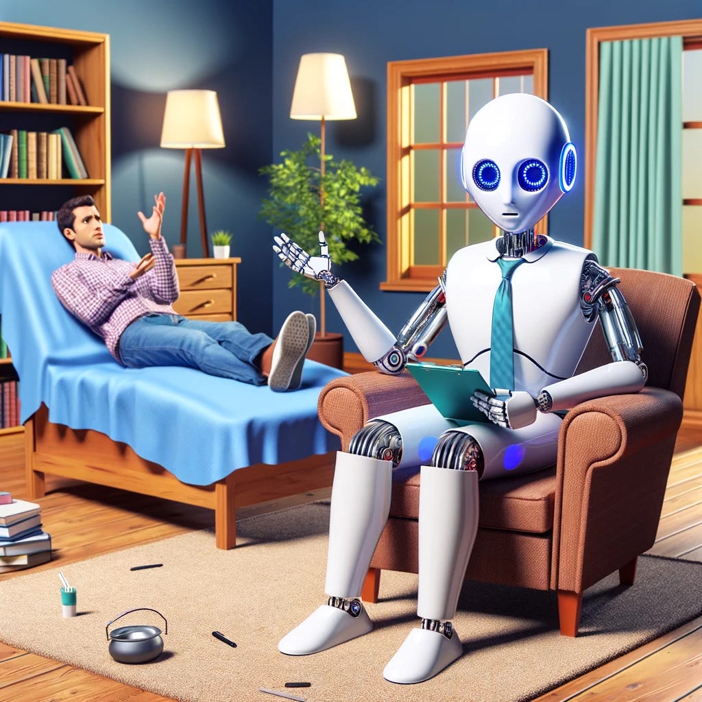 Create a satirical image of an AI, depicted as a robot, acting as a psychologist in a therapy room. The AI is sitting in a chair, holding a notepad and a pen, while a human is lying down on a stereotypical psychologist's lounge, expressing emotions or thoughts. The setting should resemble a classic psychologist's office, complete with bookshelves, a window, and soothing decor, to enhance the humorous contrast.