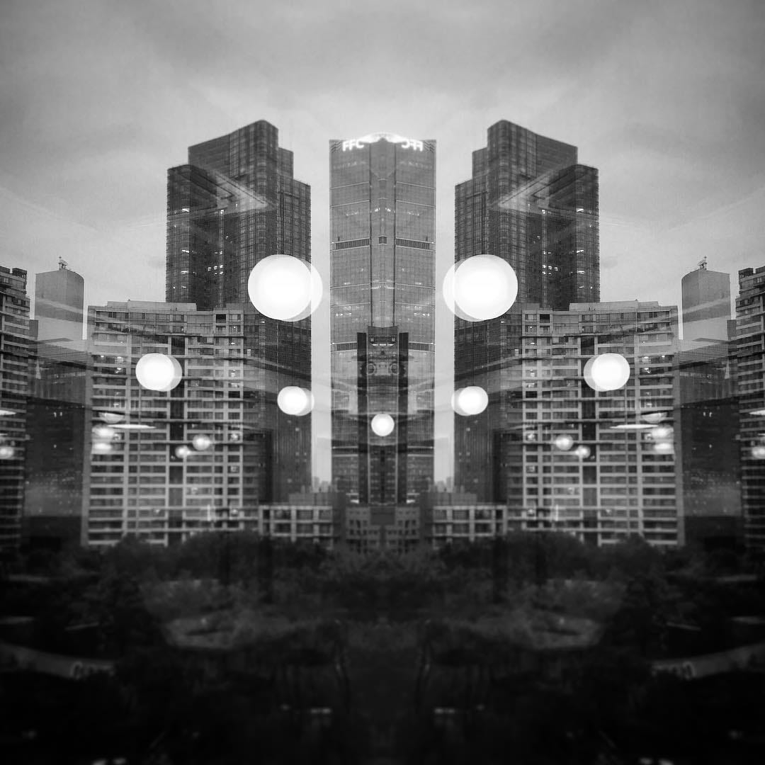 View of one of Beijing’s business districts, with vertical symmetry.