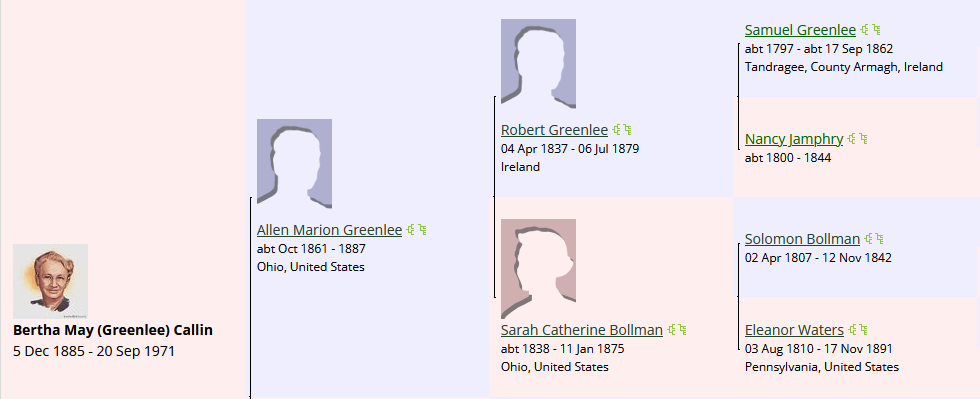 screenshot of Bertha May (Greenlee) Callin's paternal ancestry