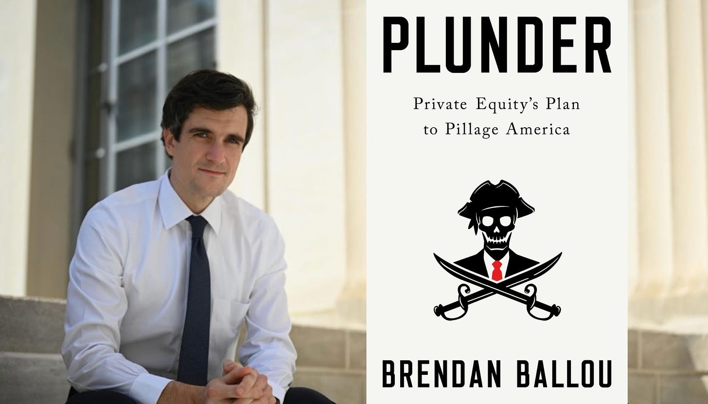 A photo of Brendan Ballou and the cover image of Brendan’s book “Plunder.”