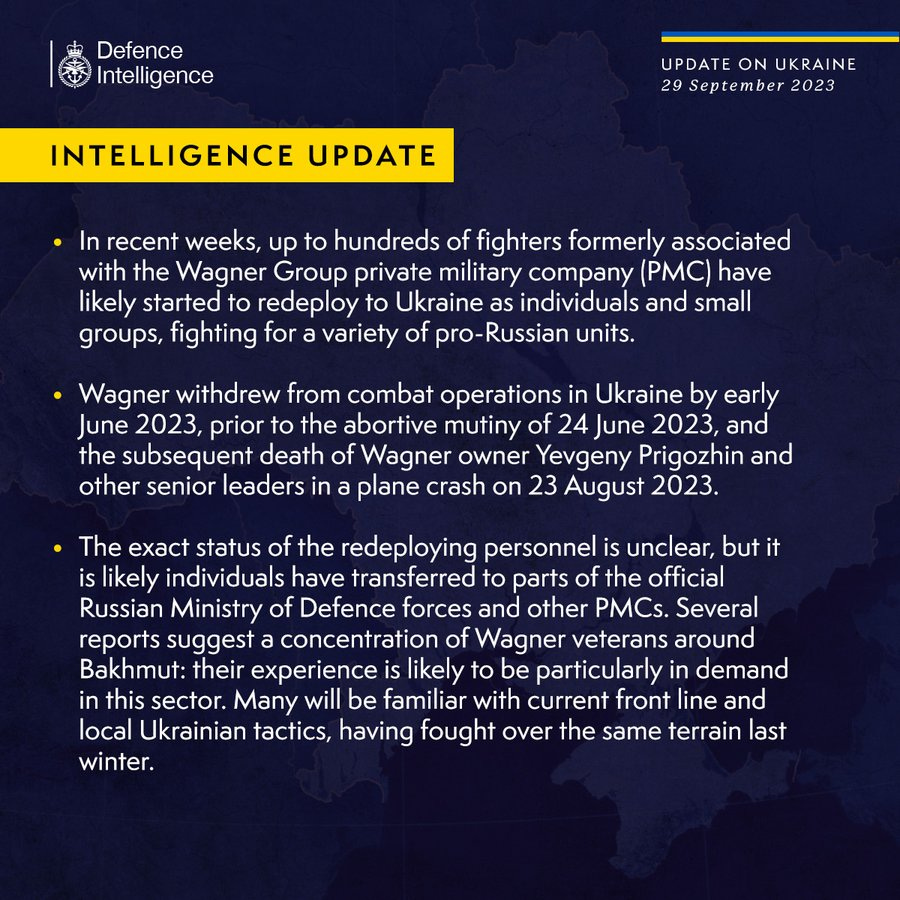 Latest Defence Intelligence update on the situation in Ukraine – 29 September 2023.