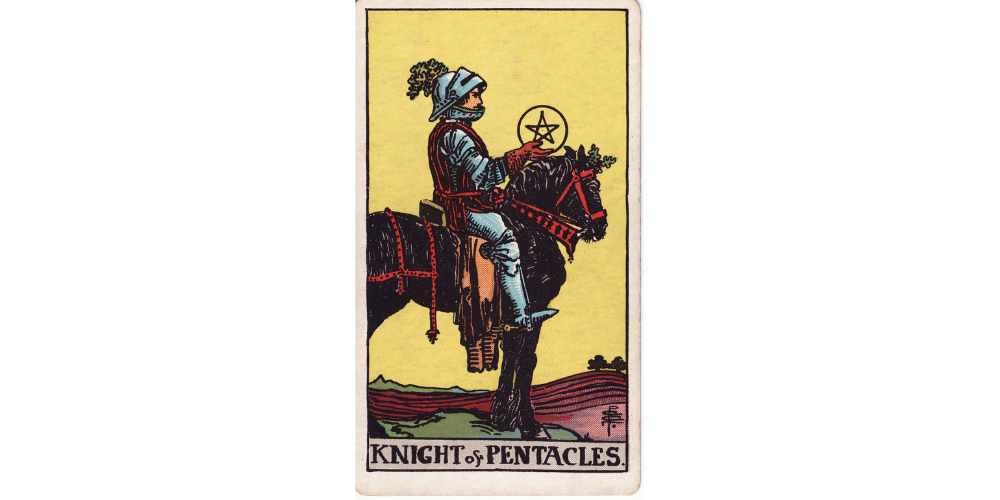 The Knight of Pentacles tarot card. Description follows in text.
