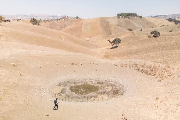 A person with a long stick walks along a landscape in desert conditions, with a dried-up water basin before him.