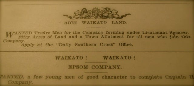 Militia Enticement: This advertisement states that premises of the Daily Southern Cross newspaper is also a recruitment office for raising a Waikato Militia. 