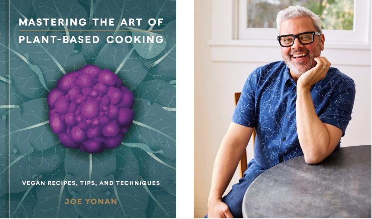 cover of mastering the art of plant based cooking and headshot of joe yonan