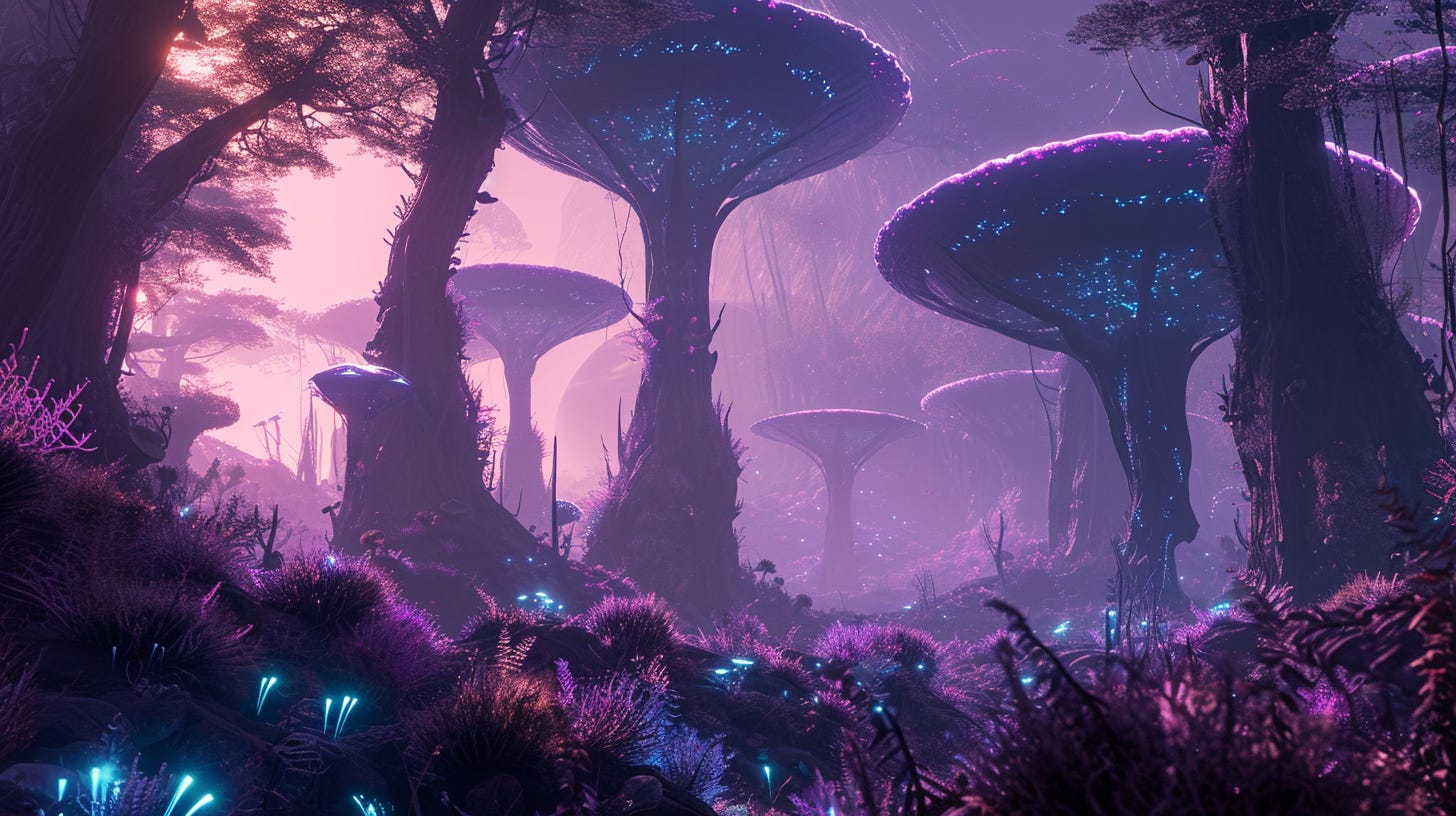 Landscape photo of an alien planet full of bioluminescent plants and tall, purple trees - MJ V6