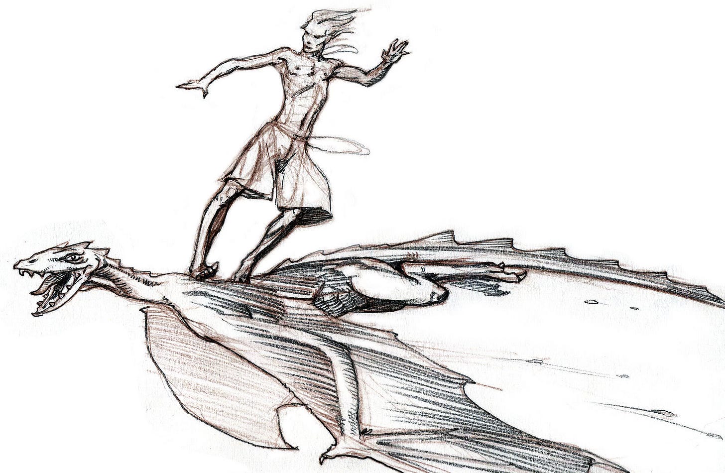 A skinny man in board shorts surfs the skies on the back of a small dragon. His long hair flower behind him as he checks his balance with arms out. The remarque is executed in ink and brown colored pencil.