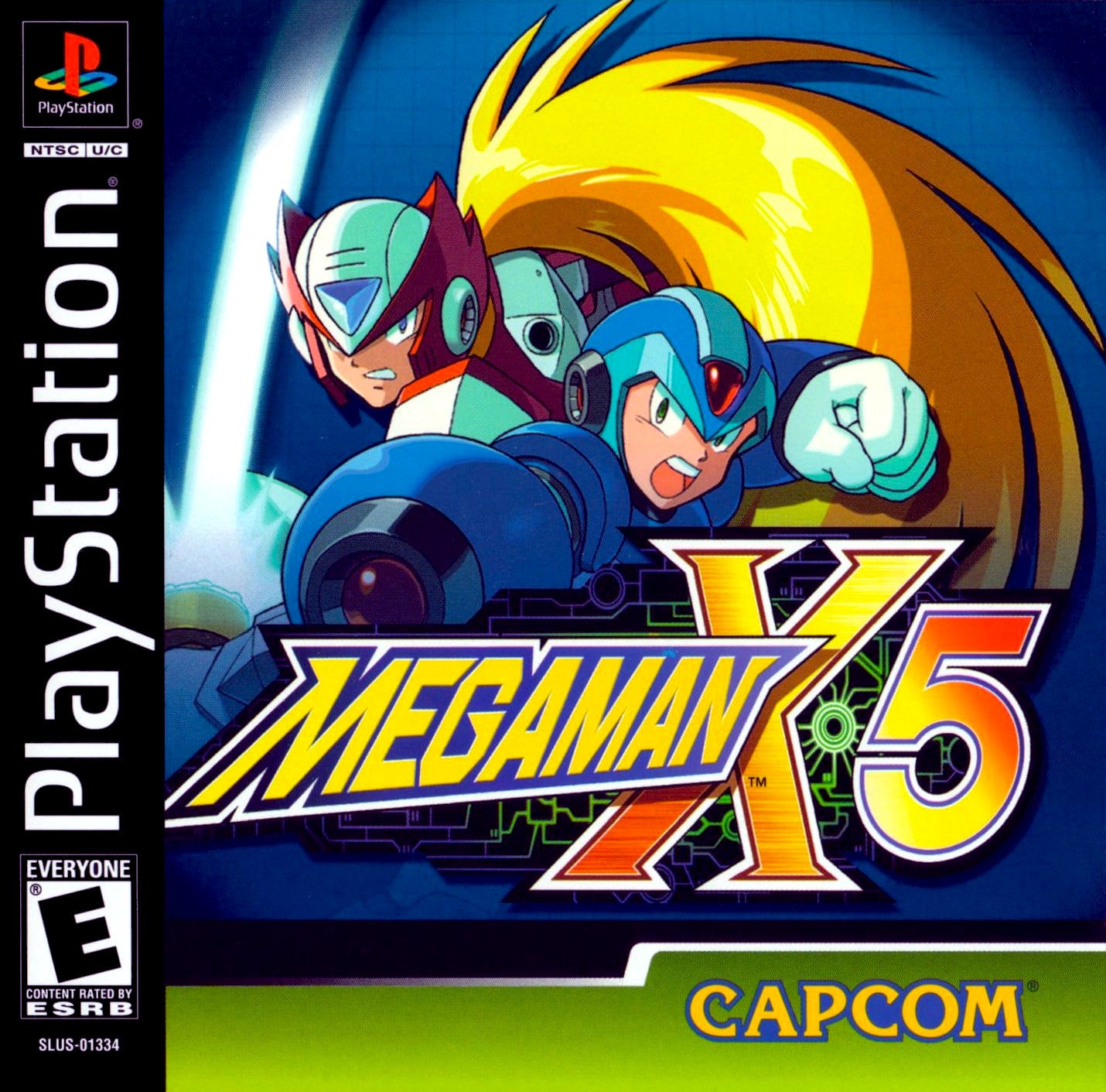 The North American box art for Mega Man X5, featuring both playable protagonists, X and Zero, in action poses behind the logo. Zero is behind X, as it's still X's name on the box and all.
