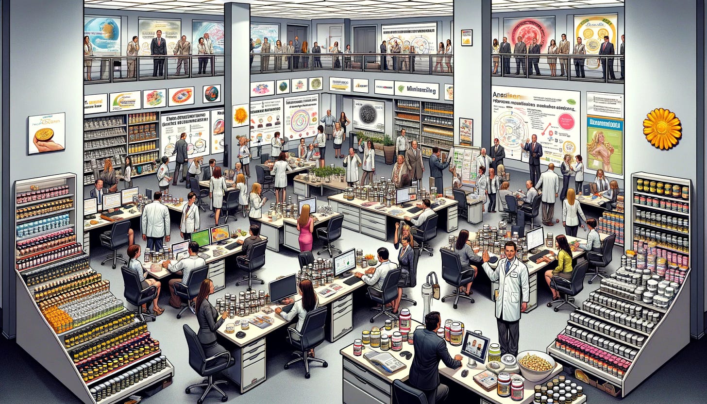 An illustration of a multi-level marketing (MLM) company with a pseudoscientific theme. The image features a large, bustling office environment filled with representatives of the MLM company. These representatives are engaged in various activities like promoting pseudoscientific health products, discussing strategies with potential clients, and conducting presentations with charts and graphs that claim health benefits without scientific backing. The office is adorned with posters of pseudoscientific claims, shelves filled with bottles of 'miracle' supplements, and gadgets claiming health benefits. The atmosphere is lively, with people enthusiastically marketing their products in a modern, well-lit office setting.