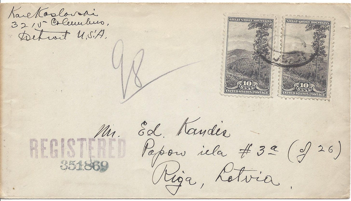 1935 letter from Detroit, USA to Riga, Latvia