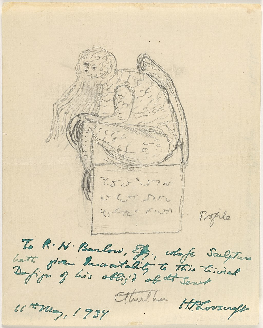 Lovecraft's sketch of Cthulhu; scaly anthropoid with tentacles on the face and too many eyes, seated on a pedestal