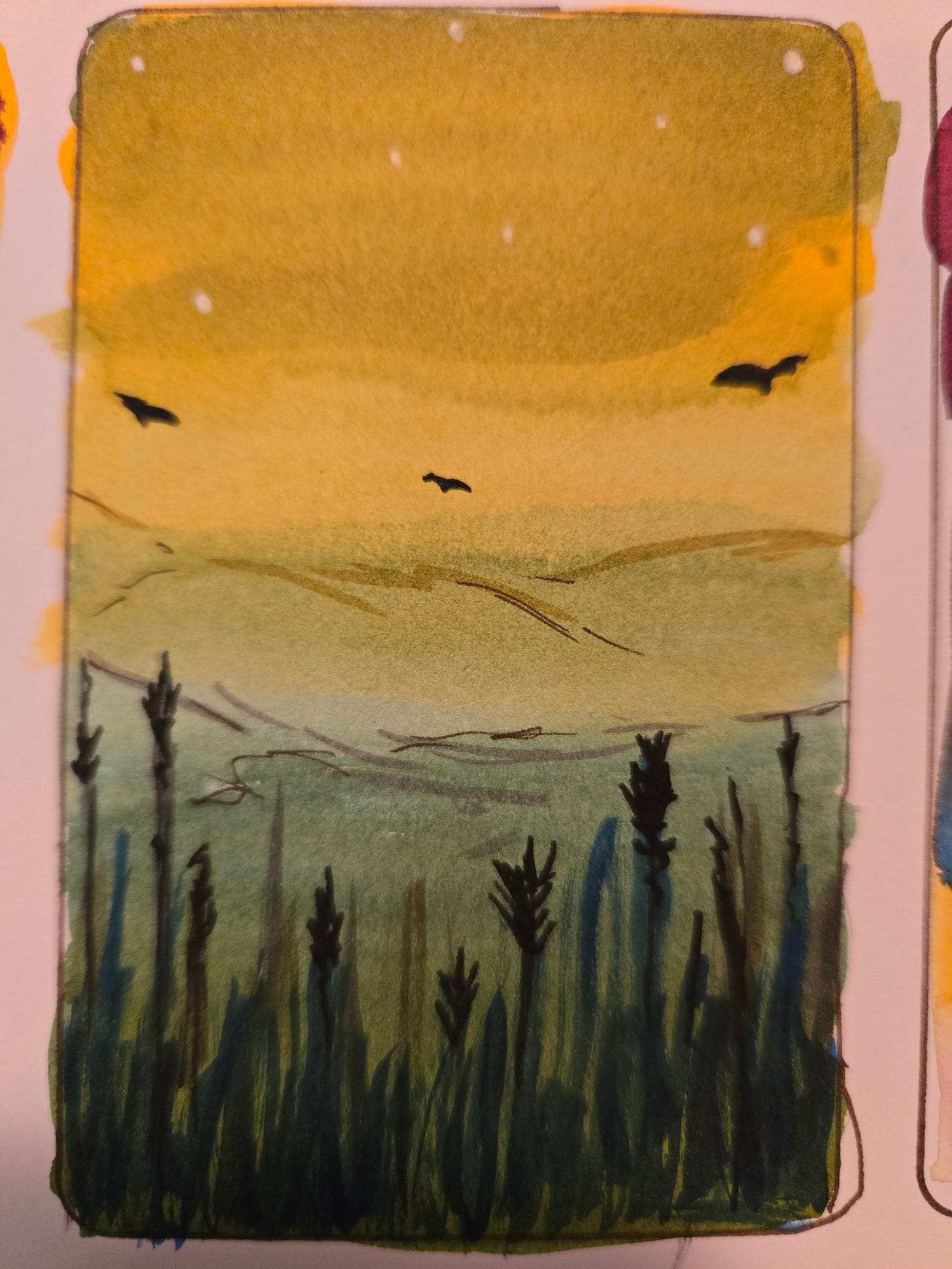 Watercolour painting of a sky and field