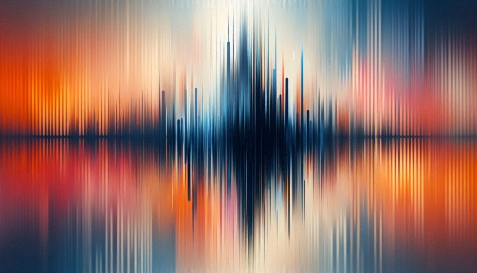 Abstract visual resembling soundwaves or city buildings stretching vertically, with a mirror-like reflection on a smooth surface. The image transitions from warm sunset hues to cool blues and whites.