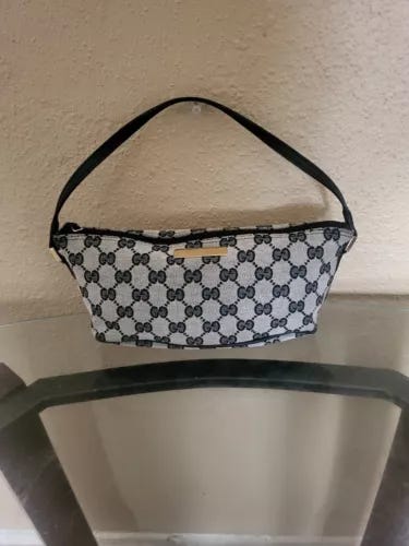 Vintage Gucci Boat Pochette Top Handle Gray&Black Canvas Monogram Bag.con.v.gd - Picture 1 of 13