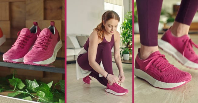 Lindsay Lohan puts on a pair of Allbirds' Tree Flyer sneakers in Lux Pink
