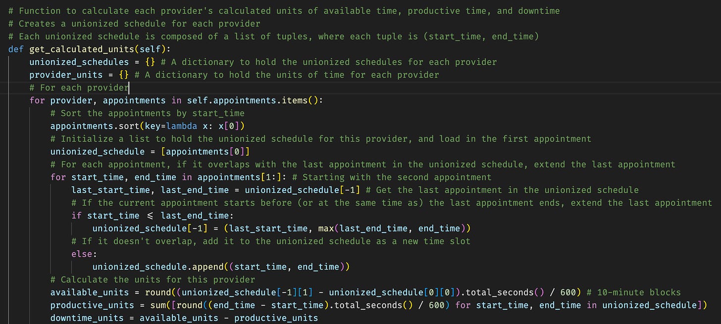 A screenshot of a Python code block for creating a unionized provider schedule