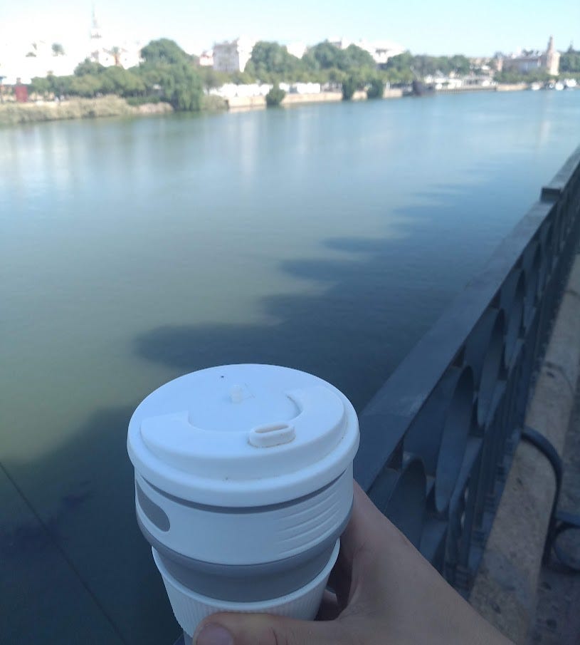 Hand holds a reusable coffee cup in front of a long shot of a blue river 