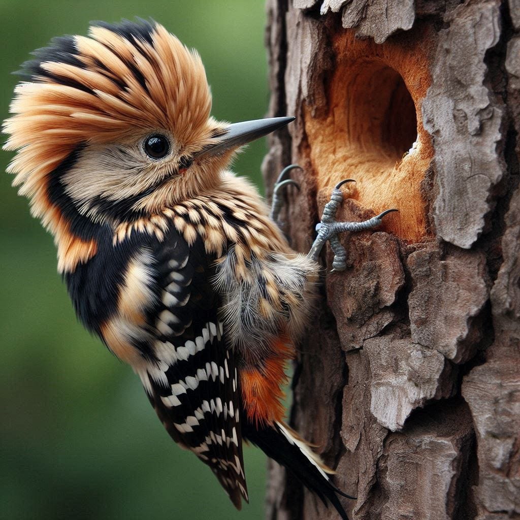 A woodpecker with coloring of a Biewer Terrier tapping on a tree with a hole in it