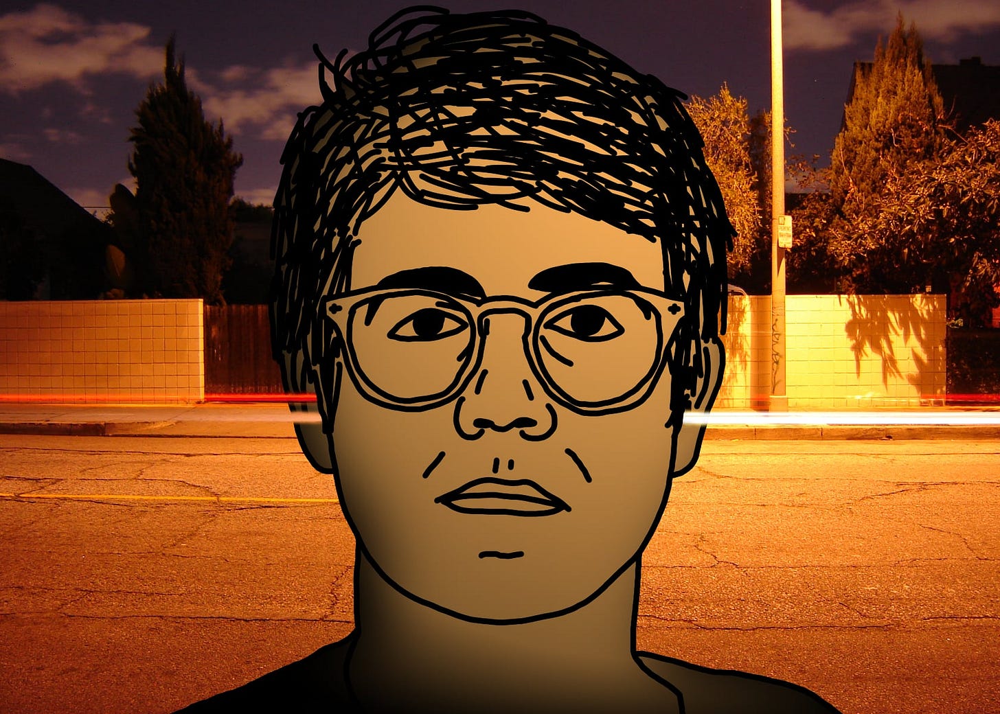 A black line drawing of Alex, the protagonist of "I Hear You Watching." He is white, short messy parted hair, glasses. He stares straight at you, unsmiling. He’s lit orange by a streetlight, and the background is a Los Angeles neighborhood street at night. Streaks of car headlights and brake lights wipe across the image, appearing to pass through Alex’s ears.