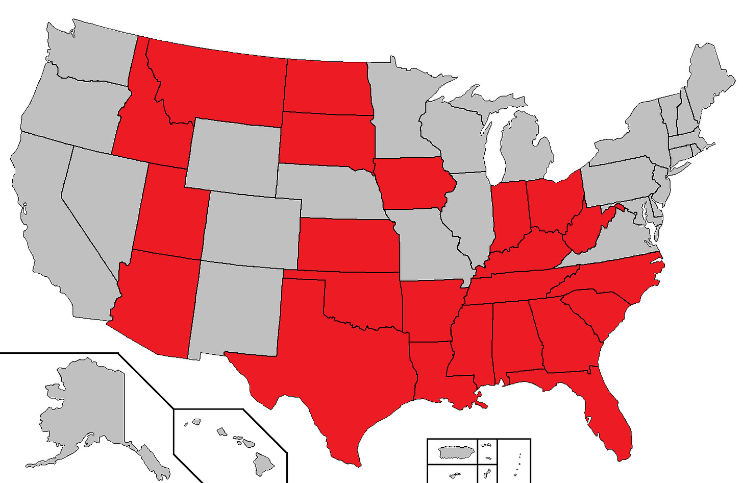 a map of the US with many states in red color: Arizona, Utah, Idaho, North Dakota, South Dakota, Kansas, Oklahoma, Texas, Iowa, Arkansas, Louisiana, Indiana, Ohio, Kentucky, West Virginia, Tennessee, North Carolina, South Carolina, Georgia, Mississippi, Alabama, Florida
