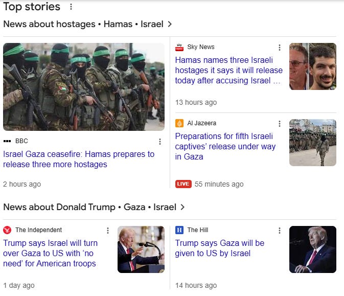 A UK Top Stories box about Israel with some international publishers included