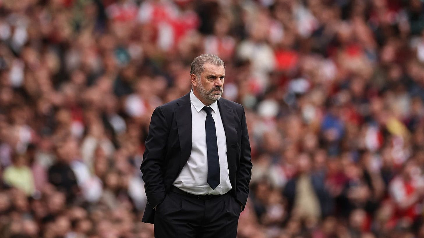 LONDON, ENGLAND - SEPTEMBER 24: Ange Postecoglou, Manager of Tottenham Hotspur, reacts during the Premier League match between Arsenal FC and Tottenham Hotspur at Emirates Stadium on September 24, 2023 in London, England. (Photo by Ryan Pierse/Getty Images)