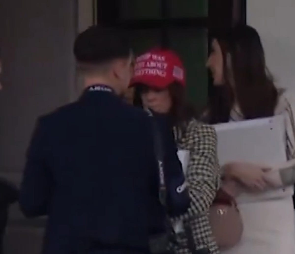 Jessica Reed Krause wearing a "Trump was right about everything" hat