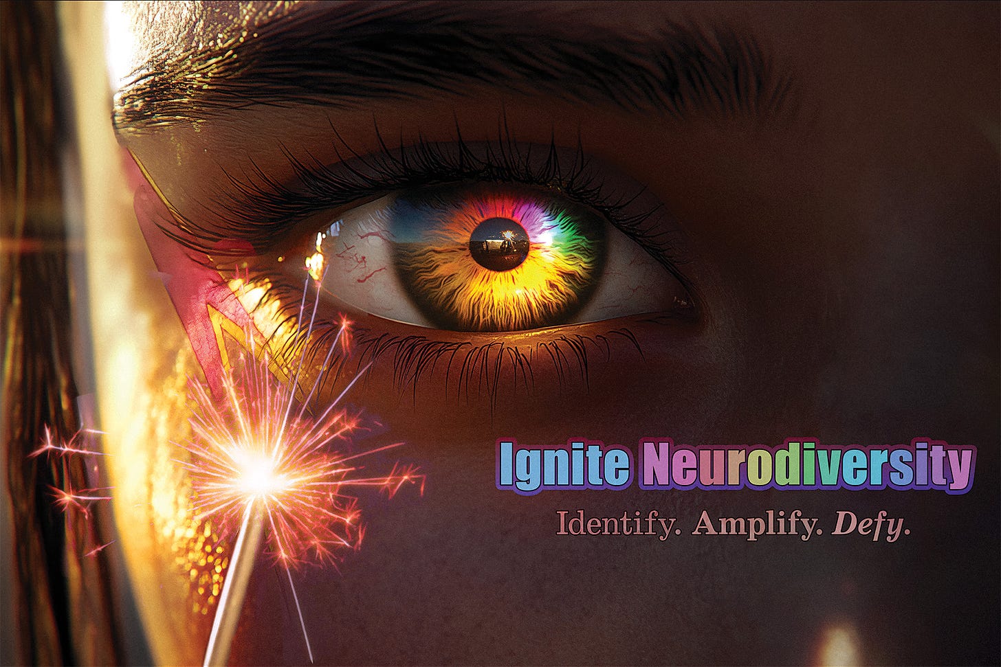 Extreme close-up of human eye with rainbow-colored iris, sparked by lit sparkler at left edge. Text reads "Ignite Neurodiversity" in gradient colors, subtitled "Identify. Amplify. Defy." Dark background enhances dramatic lighting. Sparkler's reflection appears in pupil, suggesting inner fire. Combines photorealism with surreal elements to represent neurodiversity as internal brilliance waiting to be unleashed.