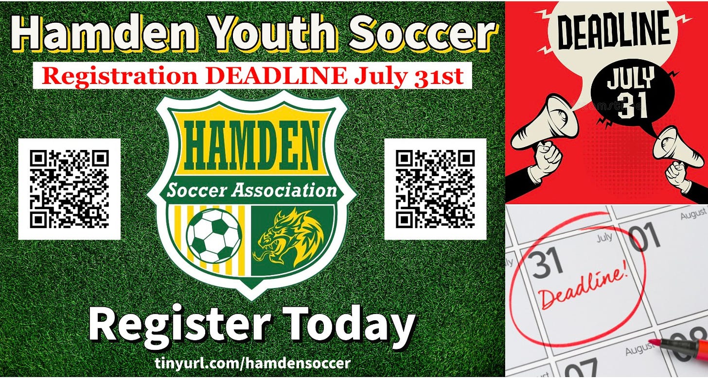 May be an image of soccer, football and text that says 'Hamden Youth Soccer Registration DEADLINE July 31st HAMDEN Soccer SoccerAssociation Association DEADLINE JULY 31 Augus July 01 31 Deadline! Deadline! Register Today tinyurl.com/hamdensoccer Augusi ١٦'