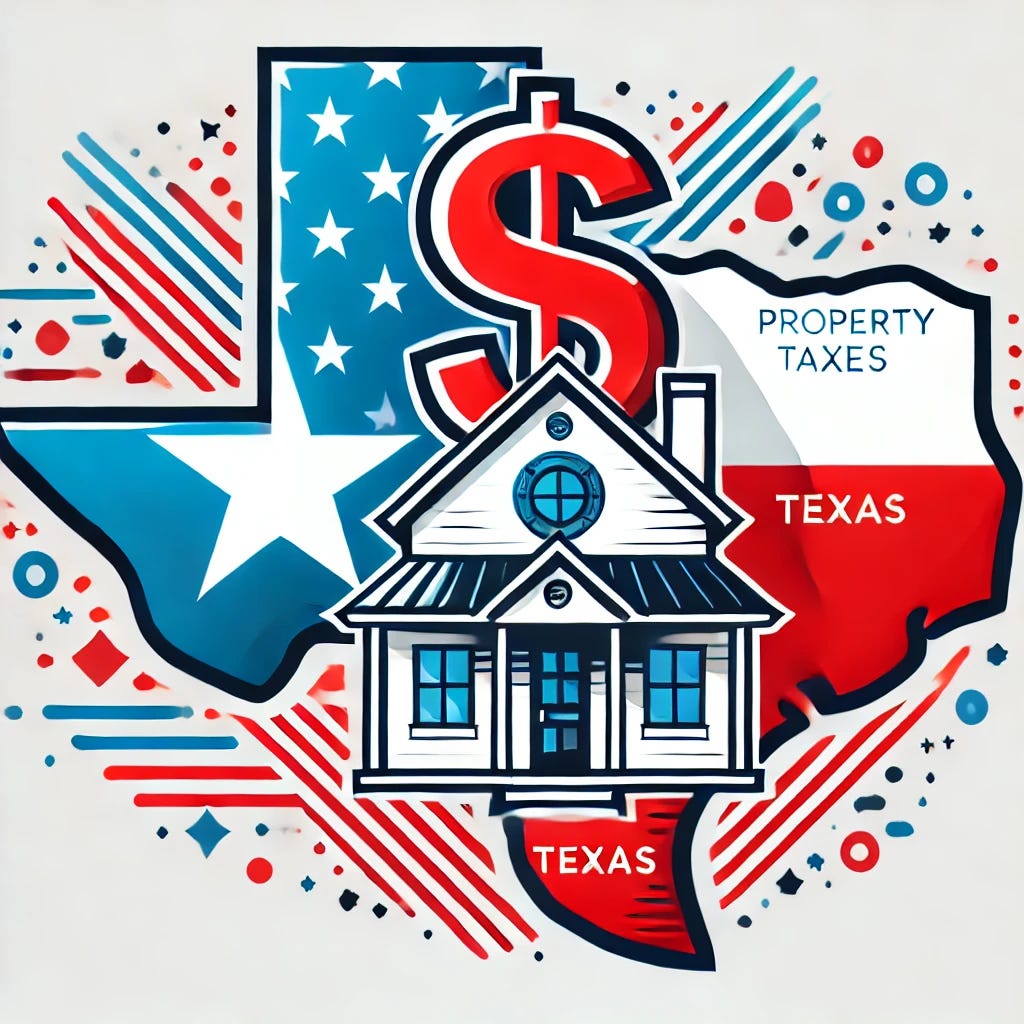 A graphic representing property taxes in Texas using red, white, and blue colors. The image features a stylized house in the center with a more detailed roof and windows, and a large dollar sign above it symbolizing taxes. Behind the house is the outline of the state of Texas, filled with red, white, and blue, reminiscent of the Texas flag. The house is white with blue windows, and the dollar sign is red. The overall design is clean, modern, and visually striking.