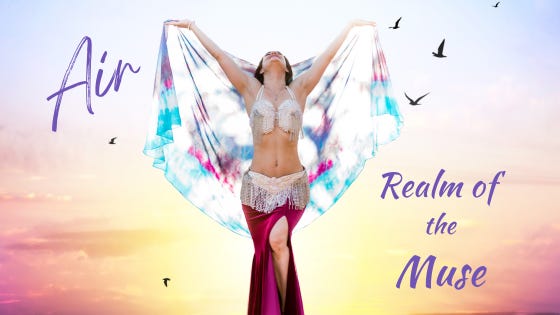 The author with arms and veil upraised toward the pastel-painted sky. She wears an encrusted belly dance costume of white, turquoise and magenta. Air: Realm of the Muse