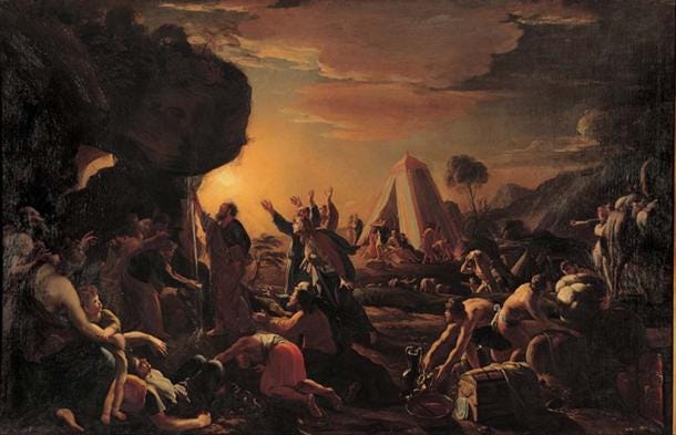 Moses creates the miraculous stream. Painting by the seventeenth-century artist François Perrier. Moses creates the miraculous stream. Painting by the seventeenth-century artist François Perrier.