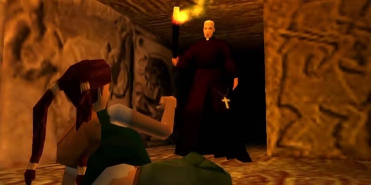 A screenshot from Tomb Raider 5: Chronicles, depicting a younger Lara croft in a stone maze, being confronted by a man dressed as a priest with a lit torch.