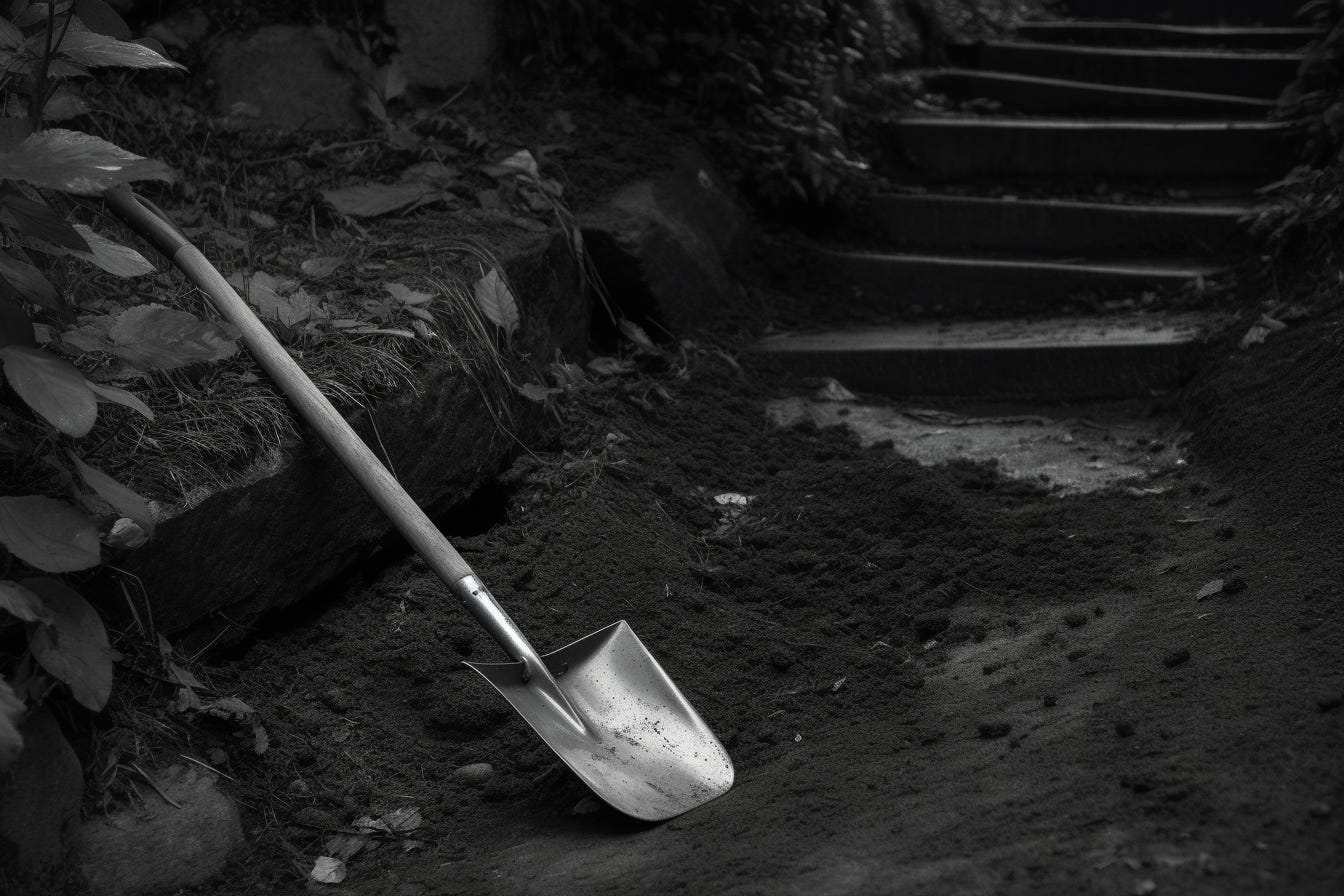An AI-generated black-and-white image of a spade alongside a half-dug garden bed.