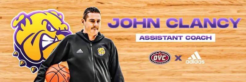 May be an image of 1 person, playing basketball and text that says '- JOHN CLANCY ASSISTANT COACH OVC x adidas'