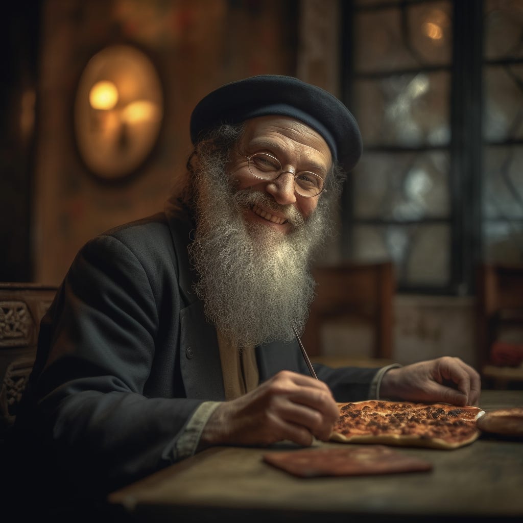 highly detailed realistic photograph of an orthodox jewish man sitting at a table and happily eating a piece of pepperoni pizza, hdr, sigma 50mm f/1.4, joyful, v5