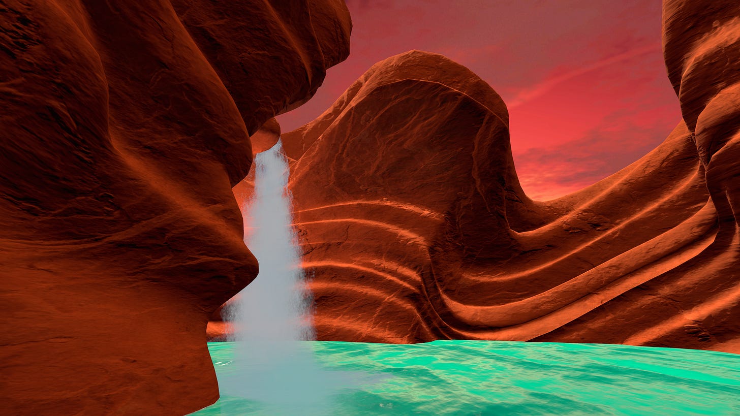 This is an image of an undulating sandy canyon with a waterfall and water flowing through it.