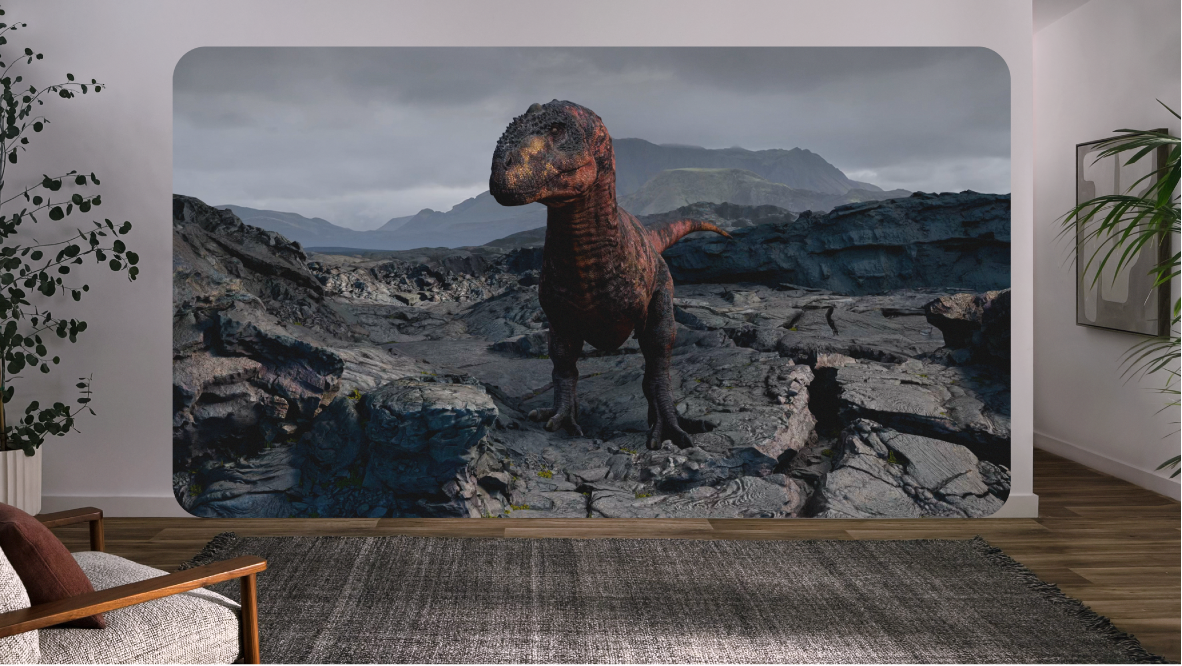 Encounter Dinosaurs on Apple Vision Pro, showing a dinosaur on a rocky landscape.