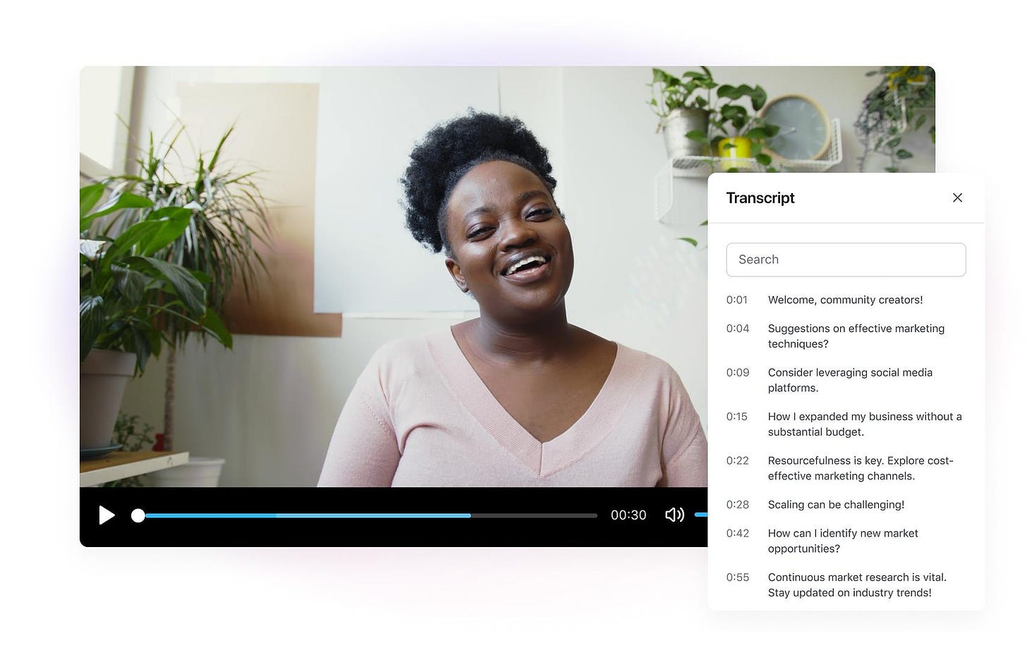 Screenshot of a video of a woman speaking with plants and a white wall behind her. On the right is a popup screen of the transcript.