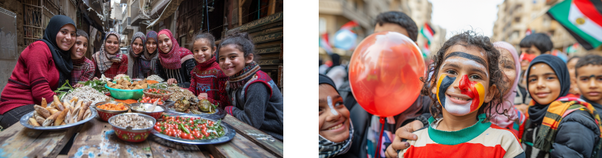 A group of smiling women and girls gathered around a table full of traditional food on the left; on the right, children with face paint and flags celebrating in a street.