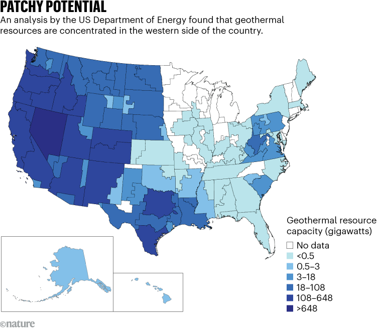 PATCHY POTENTIAL. Map showing geothermal resources are concentrated in the western side of the US.