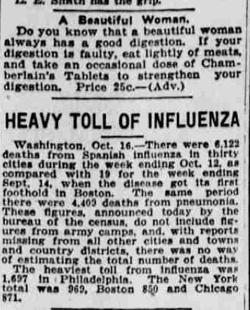 A news article about the "heavy toll" of the flu. Above it is an ad for a fiber supplement for "beautiful women."