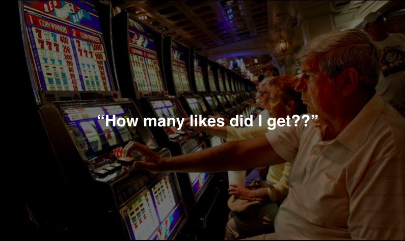 A photo of folks playing slot machines, overlaid with the text "How many likes did I get??"